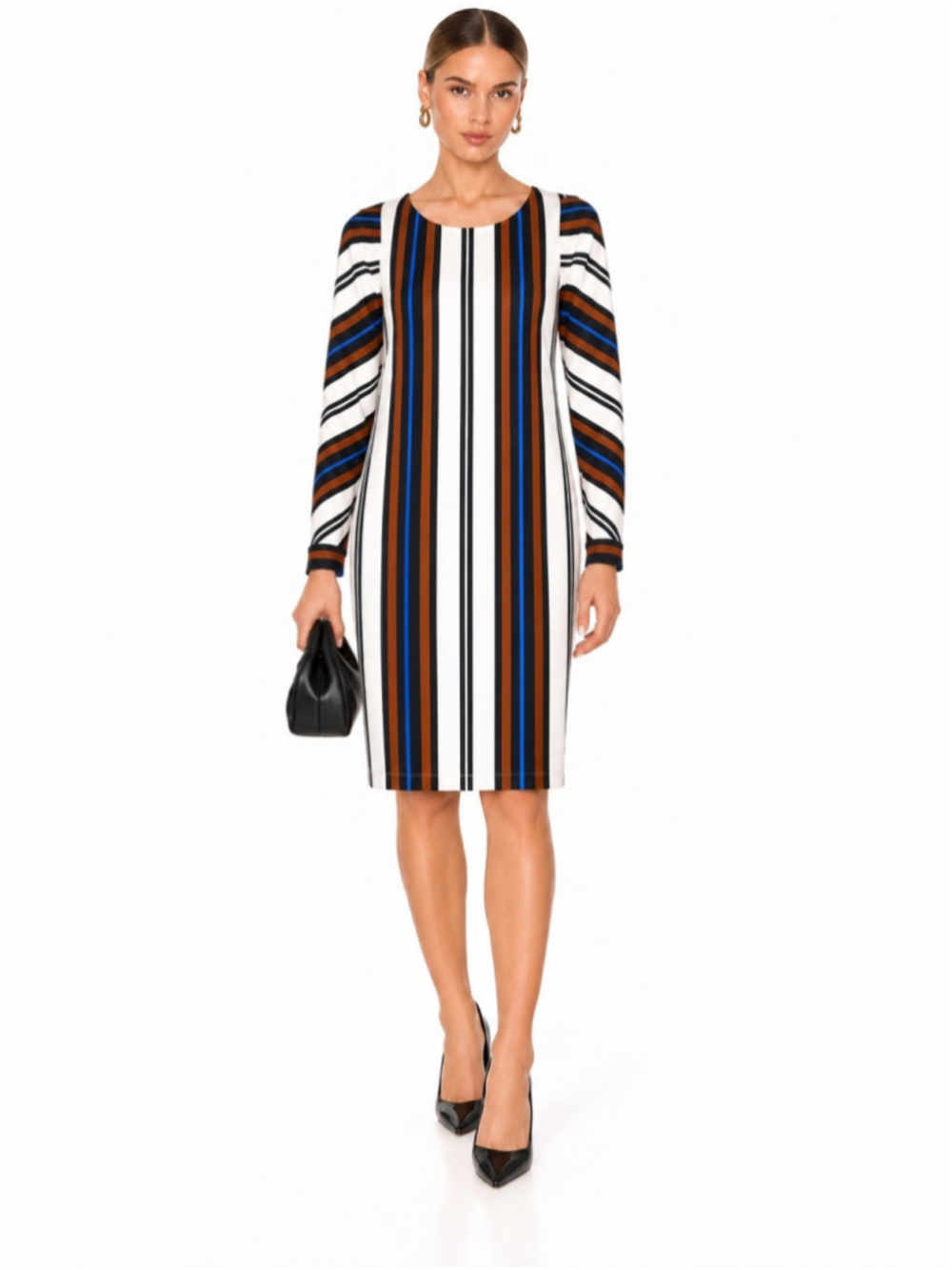 Pink Tartan Striped Long-Sleeve Shift Dress - Cream, Blue & Brown slimming